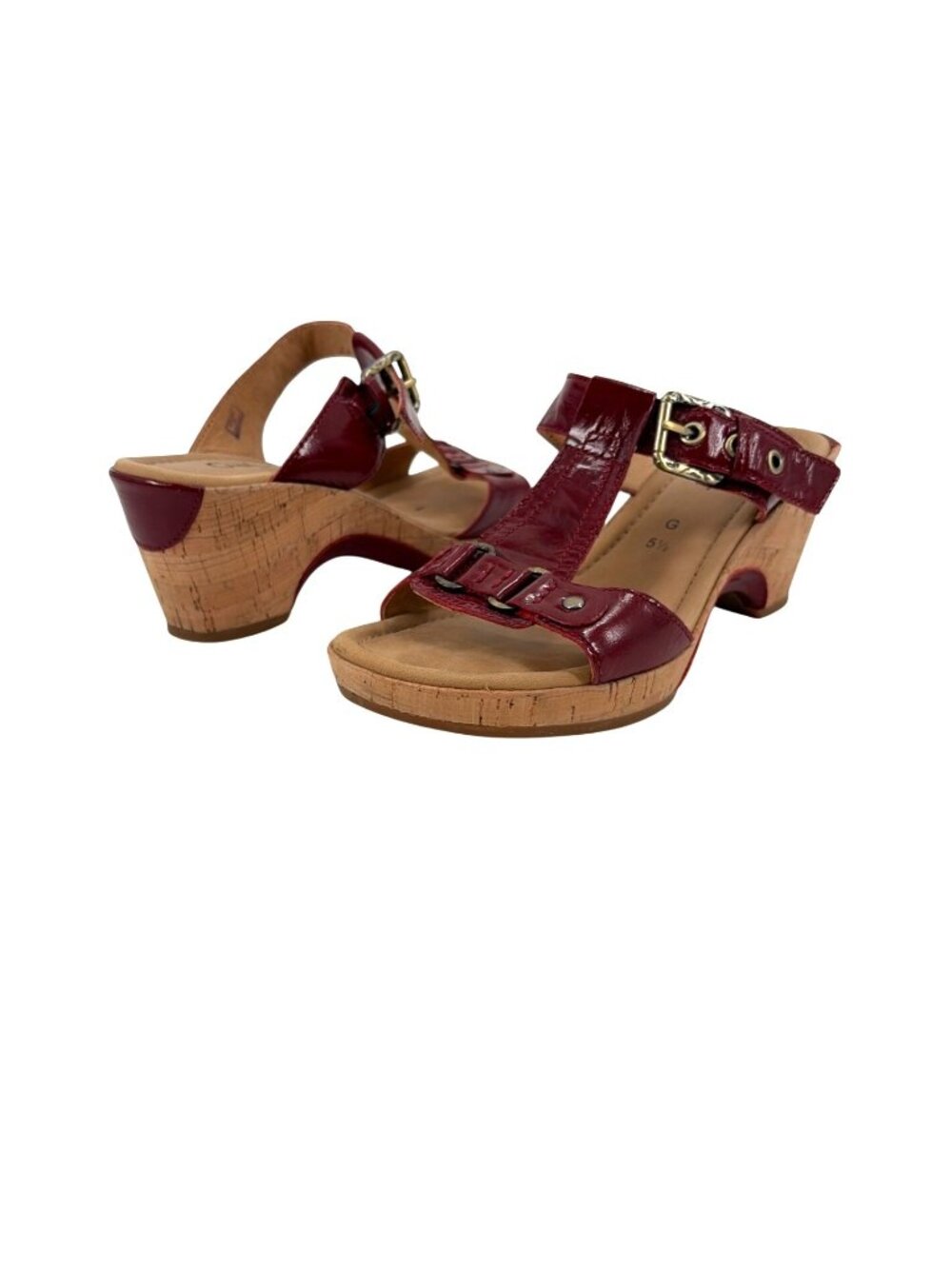Gabor Womens 7.5 Patent Leather Slip On Sandals Cherry Red Cork Wedge Comfort